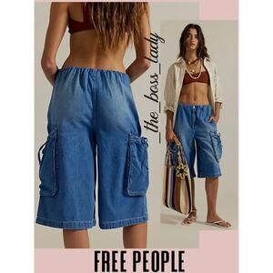 Free People Blue Denim Cargo Jean Shorts